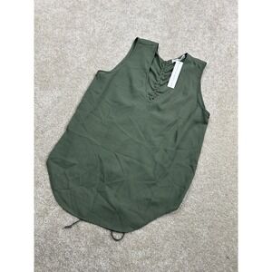 Three Eighty Two Tank Top Womens‎ XS Green V Neck Ruched Back Tunic Sleeveless